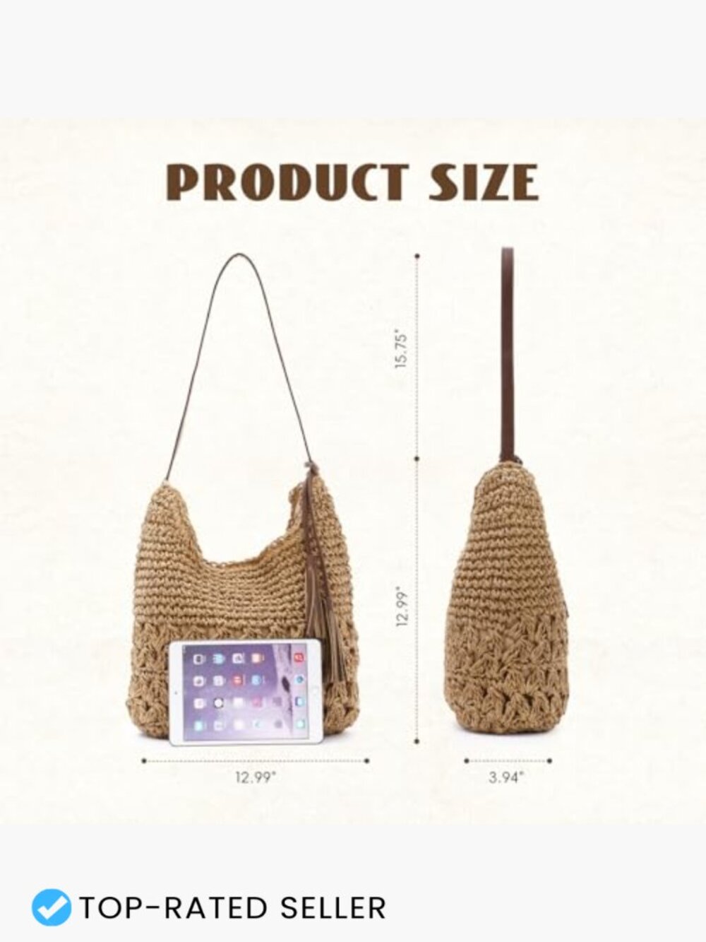 Straw Woven Tote Bag Summer Beach Crochet Hobo Shoulder Bag Handmade Vacation - Picture 4 of 7